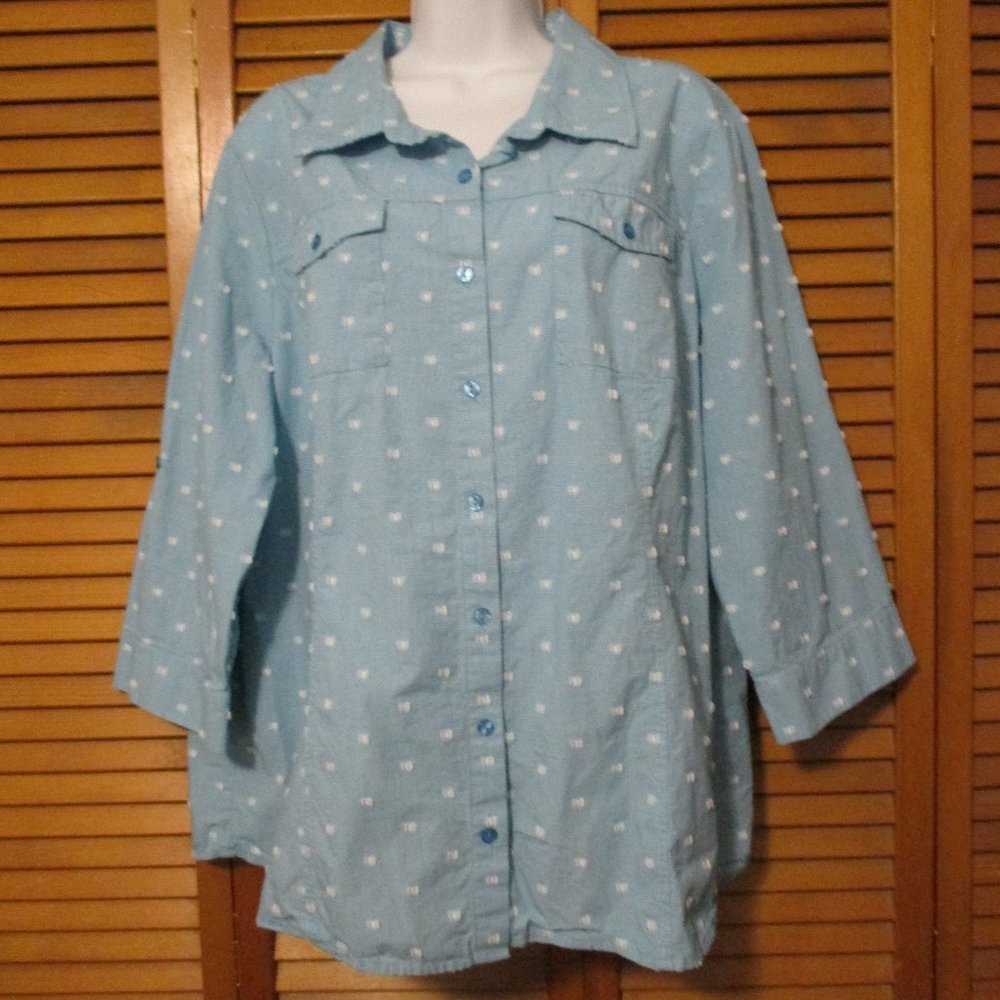 CJ Banks top casual chambray blue 3/4 length sleeve button down like new size 1x